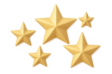 Gold stars rating system achieving top quality success and premium review feedback, isolated on transparent background
