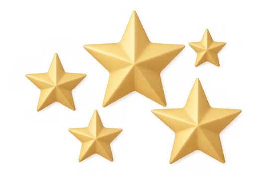 Gold stars rating system achieving top quality success and premium review feedback, isolated on transparent background