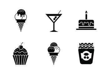 Set of black and white dessert and drink icon graphic
