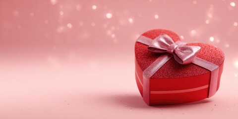 A glittery red heartshaped gift box with a silver ribbon and bow on a soft pink background with bokeh lights, symbolizing love and romance