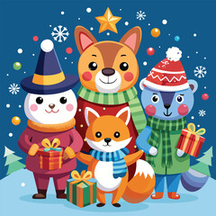 Festive cartoon animals celebrating Christmas with gifts and snowflakes. festive