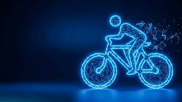 This abstract digital illustration features a glowing blue wireframe cyclist, symbolizing data, future technology, smart transportation, health, fitness, and innovation concepts.