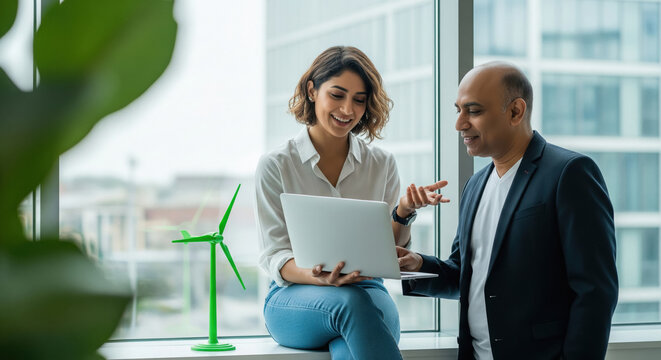 Business colleagues discussing renewable energy solutions in a modern office.