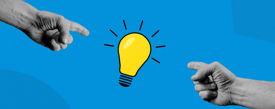 Two hands with lightbulb, halftone collage. Brainstorm concept.