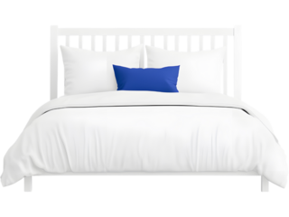 White bed with pillows isolated on transparent background. Perfect for bedroom, home, and furniture design visuals.