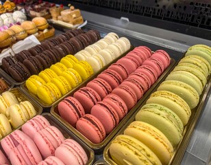 Assortment of colorful macarons in rows on trays, displayed in a bakery case with other pastries