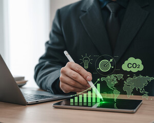 Businessman reviewing global C O2 emissions and financial performance