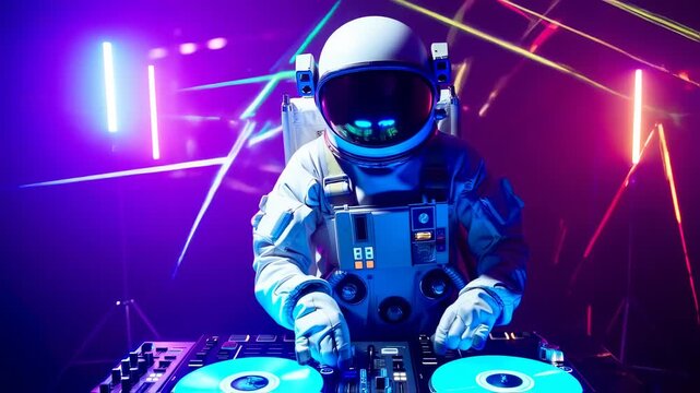 An astronaut DJ, mixing music in a vibrant neon-lit environment
