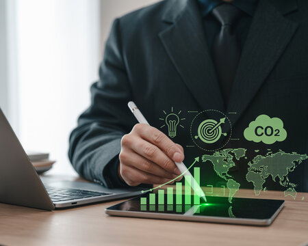 Businessman reviewing global C O2 emissions and financial performance