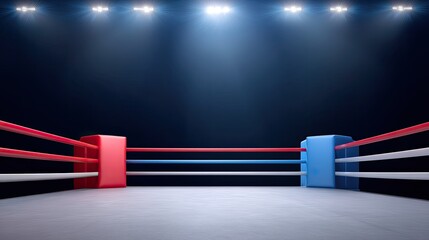 Professional boxing ring in an empty arena with dramatic lighting and shadows ready for an intense match showcasing athleticism and competition spirit