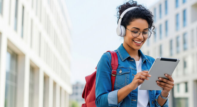 Happy Student Listening Music and Using Tablet Outdoors - Powered by Adobe
