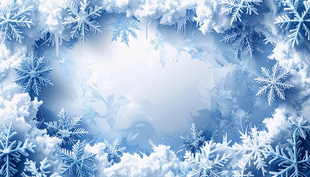 Transparent snowflake and frost frame with ice cold elements. White winter decoration design with holiday background and celebration art