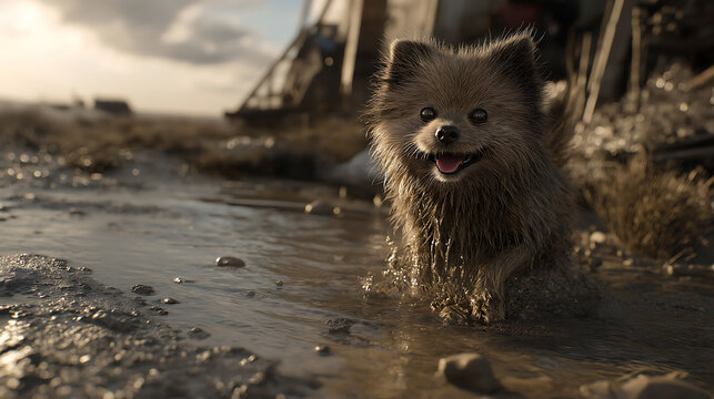 A muddy Pomeranian playing on a summer day, covered in dirt with high details