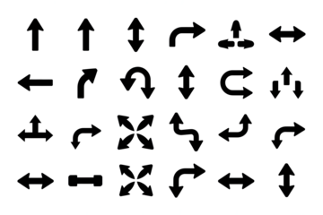 Collection of black directional arrow icons isolated on a transparent background