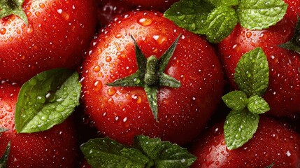 Fresh red tomatoes covered in sparkling water droplets with vibrant green leaves scattered throughout.