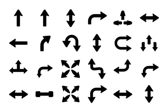 Collection of black directional arrow icons isolated on a transparent background