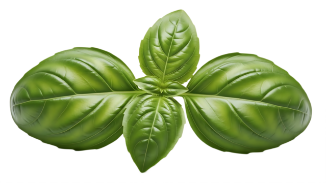 A close up of three vibrant green basil leaves arranged against a stark black background in sharp focus
