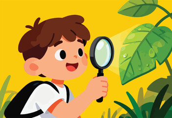 A young, excited child uses a magnifying glass to examine a leaf, smiling brightly with an open mouth