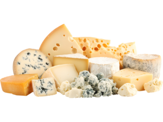 Cheese assortment isolated on transparent background. Ideal for dairy, food, and restaurant menu design visuals.