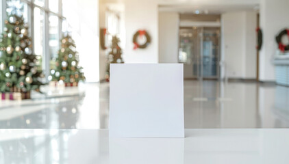A empty blank white sheet of paper on a white marble tabletop, against the backdrop of a festively decorated Christmas hallway. Mockup for a message and text.