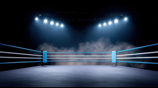 Empty boxing ring in a dimly lit arena with bright overhead lights casting shadows, creating a dramatic atmosphere for an athletic showdown or event