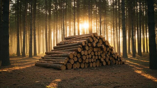 Sunrise in a Pine Forest with a Stack of Logs
