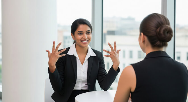 Happy Indian Businesswoman Explains Ideas During Corporate Discussion