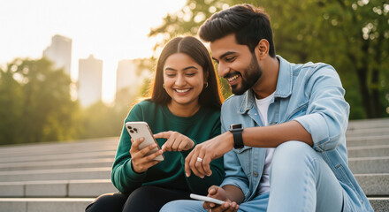 Happy Indian Couple Sharing Smartphone Outdoors at Sunset