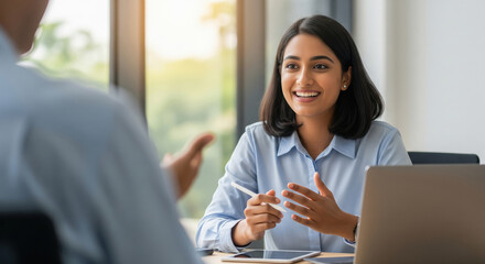 Happy Woman Engaged in Business Meeting Discussion with Colleague