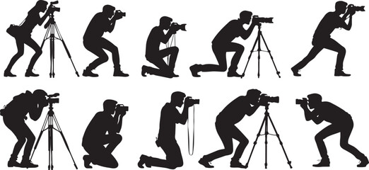 Silhouette of photographers in various poses with cameras and tripods