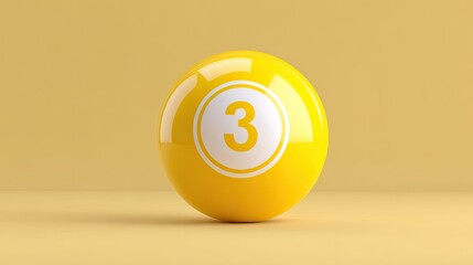 Yellow billiard ball number three with a glossy finish on a seamless yellow background for sports and game related imagery