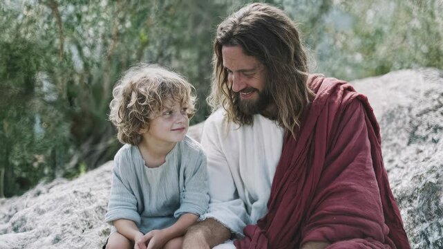 Jesus and child sitting outdoors bonding captured with cinematic atmosphere immersive detail and engaging mood creating a compelling visual narrative perfect for marketing creative campaigns e