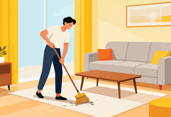 Fototapeta premium A person sweeps a rug with a broom in a brightly lit room. A couch, table, and plant complete the scene