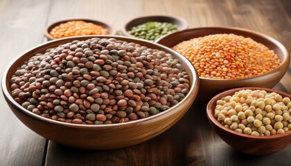 Fototapeta premium Mixed Pulses For Healthy And Balanced Diet In The Bowls On The Table
