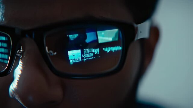 Close-up of a person wearing glasses with code reflected in the lenses