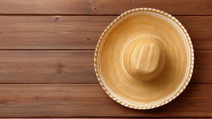 Vibrant straw hat laid on rustic wooden background perfect for summer fashion, beach outings, outdoor activities, or casual gatherings with friends