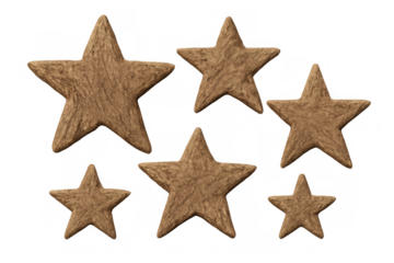 Group of rustic wooden stars in brown, featuring textured surfaces on a transparent background, useful for design elements