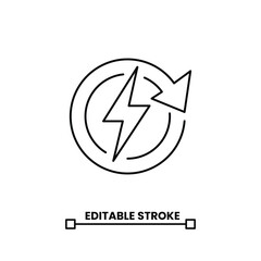Recycle energy icon with lightning bolt, editable stroke line icon. vector illustration