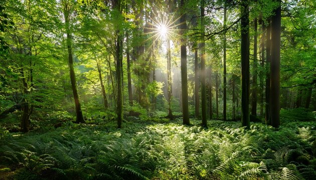 A Serene Forest Scene Is Bathed In Soft Diffused Sunlight Filtering Through The Tree Canopy The Diverse Shades Of Green On The Leaves Create A Calming Atmosphere Ai Generated