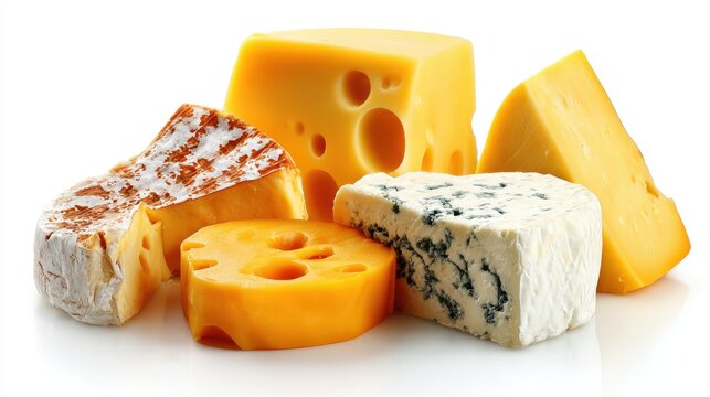 Assortment of diverse cheese blocks and wedges presented against a stark white background