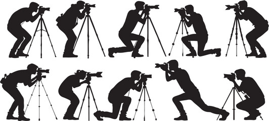 Silhouette of photographers in various poses with cameras and tripods