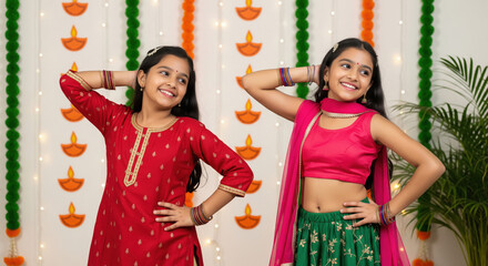 Happy Indian Girls Celebrate Festival in Traditional Attire