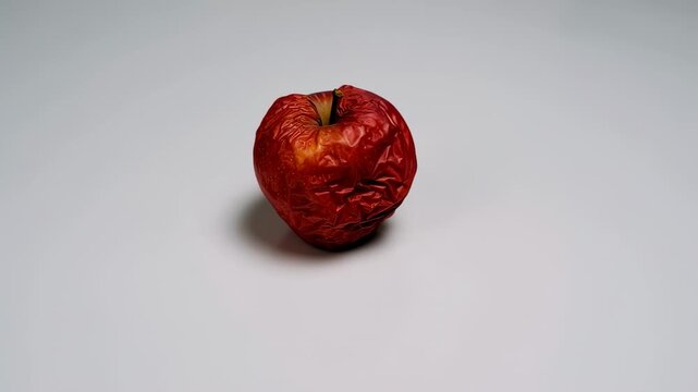 A shriveled, red apple sits alone on a white background, highlighting its decaying form