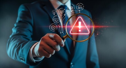 Business professional examining a digital warning sign through a magnifying glass