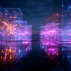 Obraz premium A futuristic scene featuring glowing, transparent cubes reflecting colorful lights on a wet surface under a dark sky.