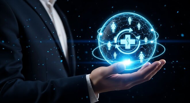 Man holding a glowing digital sphere representing global healthcare and community connections