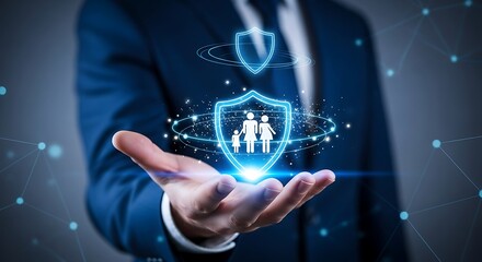 Businessman holding a glowing shield protecting a family symbolizing security and insurance