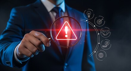 Businessman examines digital warning symbol through magnifying glass highlighting cybersecurity risks