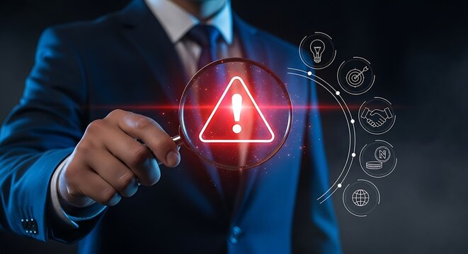Businessman examines digital warning symbol through magnifying glass highlighting cybersecurity risks