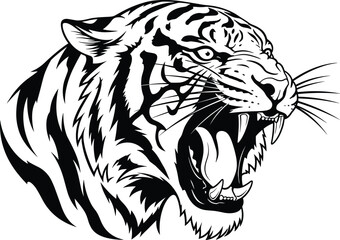 Roaring tiger head side profile vector illustration, black and white line art mascot logo design, wild animal sketch